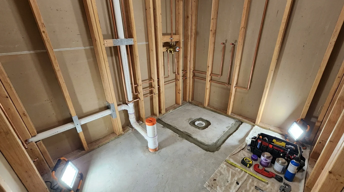 Bathroom rough-in plumbing during remodel by Johns Plumbing LLC in Hasbrouck Heights