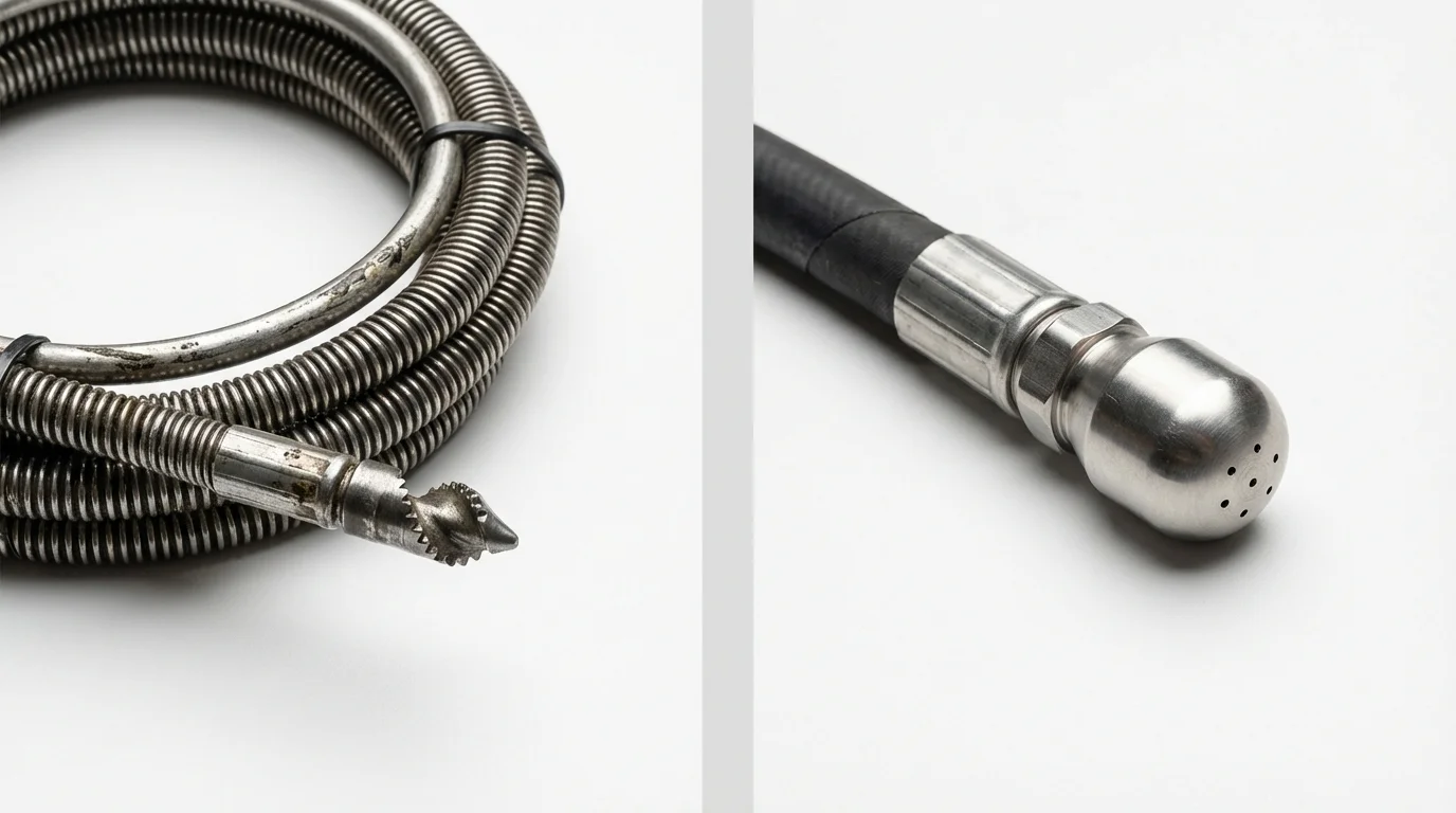 Drain snake cable and hydro jetting nozzle used for drain cleaning in Hasbrouck Heights, NJ