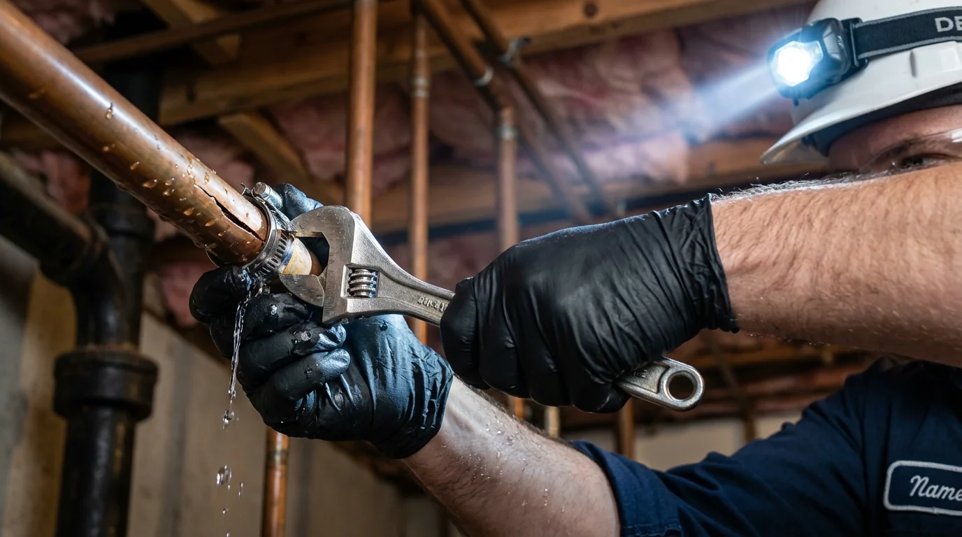 Emergency pipe clamp repair being performed by a Johns Plumbing LLC plumber in Hasbrouck Heights