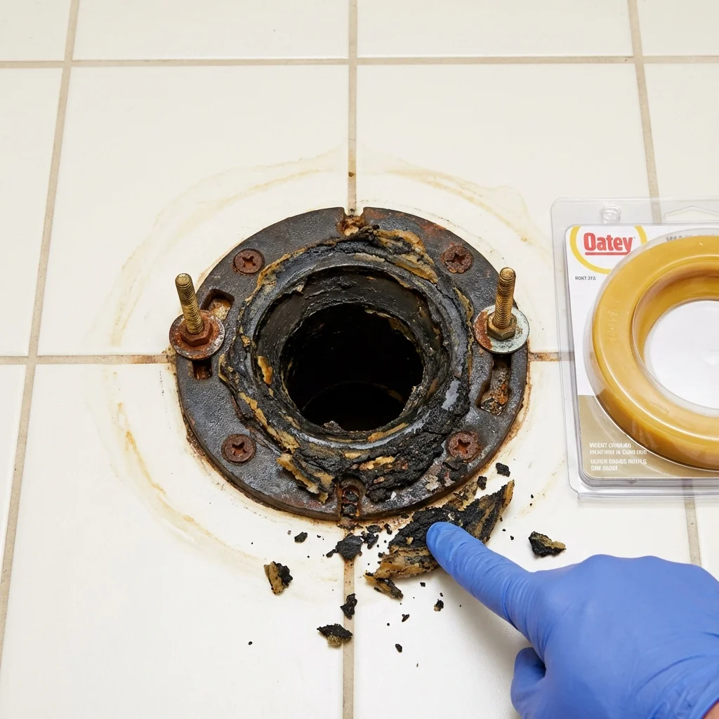 Failed wax ring showing water seepage at the base of a toilet in a Hasbrouck Heights, NJ home