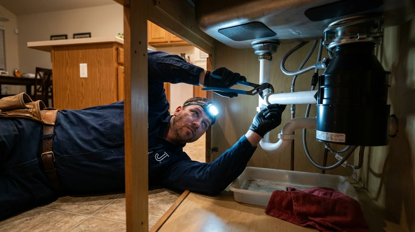 P-trap and supply line connections under a kitchen sink showing a common leak point in Hasbrouck Heights, NJ